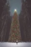 Placeholder: Huge lonely Christmas tree full of lights in a dark snowy forest, warm glow, small human standing next to it