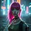Placeholder: a pretty cyberpunk girl, bright hair, storyteller and dreamer, young, futuristic, dystopia