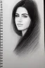 Placeholder: Pencil sketch of Young woman look through the window , Arab features,sad, long wavy hair, full body، on lined paper