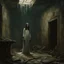 Placeholder: Creepy levitating woman fading ghost floating off the ground in eerie decaying basement, head slumped unnaturally forward, tattered asylum gown, ghostly visage non-material translucent entity, by Wayne Barlow, by Jeremy Mann, by Dave Kendall, eerie dark colors, rough matte oil painting.