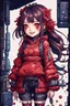 Placeholder: anormal, smile, blood, girl cute, full body, beautiful cyberpunk petit girl, hyperdetailed, behind made 8bits and Pixel Art, watercolor illustration by <Katsushika Hokusai>, darkred tones,