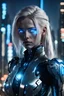 Placeholder: Woman with Blonde Hair, glowing blue cybernetic eye, right black cybernetic arm, black coat, thin silver armor underneath night, city background, high detail, 4k, small cables protruding from the back