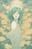 Placeholder: wind blowing from below, portrait of beautiful woman with green hair, loose lines, flowers, pastel yellow and pastel blue, sense of liberation, concept art, art by james jean, takato yamamoto, 4k, concept art, illustrative