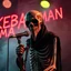 Placeholder: a very thin swedish man (near skeleton), with a plague mask with only a hole for the mouth (no eyes), he is called "KEBAB MAN" performing at death metal club, his name is "KEBAB MAN" kebab rolls On stage, kebab Neon lights and smog, and "KEBAB MAN" big sign on the wall, kebab tribal tattooes, spinning kebab machines, flames and smoke, chaos, he singing with mic,