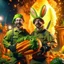 Placeholder: portrait of crazy cook and army officer holding huge carrots rockets inside grove with huge fluffy hare with mutations getting blasted by explosions, 4 k, down-light, soft light, depth of field, photo realism, trending on art station, high detail, spray paint