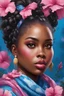 Placeholder: create an oil painting art image of a black curvy female looking to the side with a curly messy bun in a wrapped hair scarf. prominent make up with hazel eyes. 2k Highly detailed hair. Background of blue and pink hibiscus flowers surrounding her heaviley