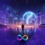 Placeholder: 3D infinity symbol ∞, infinity figure-of-eight symbol is totally-symmetrical and brightly coloured, man standing with phone facing epic scene of building, glowing earth, water, network and lights, exotic, inspiring, fantasy, neon, friendly, beautiful, octane render, 8k post-production, artstation: award-winning: atmospheric: commanding: fantastical: clarity: 16k: ultra quality: striking: brilliance: liquid medium: stunning colors: amazing depth; lens: f/8, 28mm