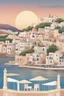 Placeholder: Poster with an greek island facing the sea with a soft sunset, in the center of town a festival with many lights, 2D, skay takes four fives of the picture