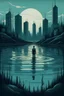Placeholder: Art poster for a book about a fictional city with a lake. The character is in the lake. Dystopian fiction.