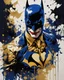 Placeholder: poster in two gradually, a one side Batman darkblue and other side Joker gold tones, painting by Yoji Shinkawa,