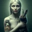 Placeholder: a cute smiling girl holding her bunny, tattoo in her face, michelangelo oil painting, steam punk, scary, horror, realistic, made in octane, cinematic, ultra-realistic, extremely detailed octane rendering, 8K, VRAY Super Real ar 2:3, dof photorealistic futuristic 50mm lens hard lighting dark gray tintype photograph, realistic lighting, sephia colors