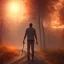 Placeholder: view of long road , man walking with blood hand , sun is blury