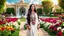 Placeholder: Hyper Realistic Photographic Long View Of A Beautiful Pashto Woman (With Beautiful Eyes Lips & Nose, & Long Black Hair; Wearing White Frock With Maroon Embroidery) Happily Standing & Smiling In A Beautiful Flower Garden With Fancy Stone Water Fountain & A Peacock Walking On The Grass Around Her At Beautiful Cloudy Sunny Day Showing Dramatic & Cinematic Ambiance.