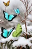Placeholder: Light green and light blue butterflies in the snowy winter