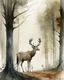 Placeholder: deer with antlers standing sideways, looking at viewer, water color painted, among tall simplified tree trunks, foggy