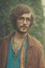 Placeholder: Hippie bohemian young man with Parisian bohemian look and glasses of colours and poor and short short short and poor hair on the head with receding hairline. Farsightedness glasses with big eyes. Long beard. Vintage look and feel like photo styleof the 70s