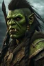 Placeholder: portrait of a green skinned orc warrior. braided hair. wearing ornaments. Carrying a battleaxe. High resolution. 4K. 8K. Fantasy style.