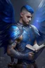 Placeholder: a person in runic armor with blue wings, blue short hair, runic tattoo and spell book, male