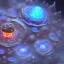 Placeholder: Spherical Frost metal magic armoured lightning Mycelium giant blob MUSHROOM flower erupting with BLUE FLAMES hellfire abyss stars SPACE lANDSCAPE