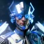 Placeholder: Handsome galactic knight, glitter blue and white cyborg suit with jewels, blond hair, blue eyes, cinematic lights, full details, hight quality, unreal engine 5, 4k, cosmic stars background