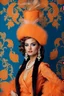 Placeholder: full body beautiful girl, elegant orange,lace clothes of the 80s, luxury style, small elegant hat with feather, hair of the 80s, pearl necklace, earrings masterful, beautiful face,blue backdrop