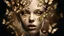 Placeholder: Surreal digital artwork featuring a close-up of a human face with a soft, pale complexion. The face is expressionless, with neutral lips and striking golden eyes that stare directly at the viewer. Its most distinctive feature is the multitude of delicate white and brown butterflies with intricate wing patterns that create its hairstyle, creating a whimsical and dreamlike effect. The background is a soft gray to light blue gradient. The overall style is imaginative and artistic.