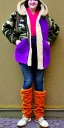 Placeholder: Brunette.thick thighs,thick calves,flat belly,curvy fell. big head. Mantle is sewed of upcycled Denim and sewed together of camouflage pieces. Pieces' color are orange, cream and purple. It is with big bright purple felt tippet and cream-colored-hood. mantle is merged with satchel. . Big AKG-style headphones (gold rings!) is merged with small felt cap with small visor. Style: Haute Couture in 1920's, N.Y.C fashion in 1996, inspired by street art. Cream latex gaiter. Her head and rest body visibl