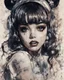 Placeholder: Poster in two gradually, a one side the Singer Melanie Martinez face, full body, painting by Yoji Shinkawa, darkblue and sepia tones,sinister, detailed iridescent, metallic, translucent, dramatic lighting, hyper futuristic, digital art, shot with Sony Alpha a9 Il and Sony FE 200-600mm f/5.6-6.3 G OSS lens, natural light, hyper realistic photograph, ultra detailed -ar 3:2 -q 2 -s 750,malevolent goth vampire girl face and other side