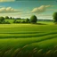 Placeholder: A green grassy plain filled with haystacks painted by Frank Wilson