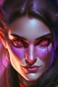 Placeholder: purple skin, glowing fiery eyes, smirk, soft female face, beautiful, graceful
