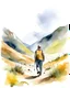 Placeholder: middle aged man walking alone into the wild mountains in long view water color