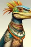 Placeholder: anthropomorphic monitor lizard, warrior, female, scales in warm colored tones, wearing a colorful feathered necklace