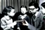 Placeholder: a photo of child-like Simone de Beauvoir and child-like Jean-Paul Sartre meeting child-like Che Guevara who is lighting a cigar for child-like Jean-Paul Sartre