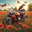 Placeholder: An old rusty vintage car and an old rusty chopper motorcycle are standing in a poppy field, the sun is shining, butterflies are flying around happily, a kestrel is sitting on the handlebars of the motorcycle. digital style, 3D style, natural style, hyperrealistic style, colorful, frog perspektiv