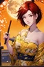 Placeholder: (Asian), short hair, fiery red hair hair, normal hands yukata, yellow clothes, 8k, best quality, winking, very dark night time, lighting from moon yellow moon, perfect, masterpiece, anime style, cartoon style,