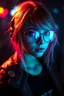 Placeholder: a pretty cyberpunk girl, bright hair, storyteller and dreamer, young, futuristic, glasses