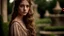 Placeholder: High resolution sharp focus Closeup of a beautiful slender 17 year old caucasian girl. Her long thick wavy hair is light brown. She is wearing a medieval dress. She is in a garden during the day. She is staring at the viewer.