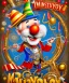 Placeholder: happy and funny old friendly clown with round head and trimmed beard playing jazz with a steampunk theme, trumpet on mouth, paintbrush and aisle, carnival, dreamy