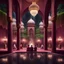 Placeholder: Hyper Realistic people praying inside a huge maroon wall mosque with waterfall, grass patches & small water ponds at night with small chandeliers