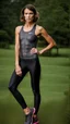 Placeholder: photography of a beautiful anorexic woman, anthracite satin triathlon top, sports illustrated, brunette short wavy bob haircut, pronounced sternum, flat chest, anthracite short leggins