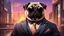 Placeholder: a suave bounty hunter pug with black sunglasses and a suit outside a club. sunset. intricate details. Big glass city background.