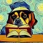 Placeholder: oil portrait of a dog smiling with hat reading a book and smoking a wooden pipe by Van Gogh 8k