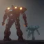 Placeholder: mecha with tracks for a tank. His body is armor and his hands are machine guns. The robot head has glass and the driver is an animal