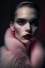 Placeholder: Minimalistic portrait of a beautiful woman with red lips and cold big eyes wearing earrings, a light pink fur coat in a haute couture style isolated on a dark background, cinematic lighting, ultra-realistic, shot in the style of hasselblad