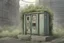 Placeholder: , electrical box, overgrown, post-apocalyptic, comic book, city background