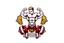 Placeholder: Bodybuilding design for a club with a logo of weights and club equipment below the image and using the symbols of this sport in a white, red, gold and silver color theme.