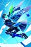 Placeholder: neon blue, flying parts of armor in form of triangles, cyber armor, geometric patterns on armor, male, orbiting triangle