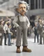 Placeholder: 4D cartoon with big head, ultra-realistic details of Albert Einstein dressed in a plain gray long-sleeved shirt, cargo pants, cream-colored boots, hands in pockets, white background