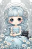 Placeholder: cute happy fairy girl with rounded blue eyes, big long silver hair, and with tiny black fluffy kitty sitting in her five fingers hands, chibi 3d anime character, detailed, fantasy style, nice picture in the big meadow with pale colors flowers