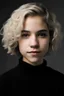 Placeholder: Girl with white short curly hair, brown eyes , black jumper